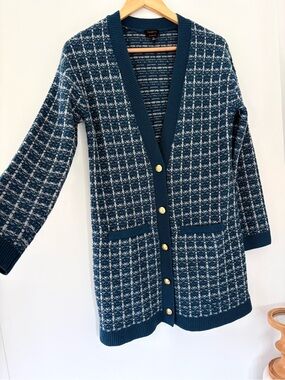TALBOTS XS Button Up Cardigan Knit Sweater Blue Merino Wool Pocket Career Casual
